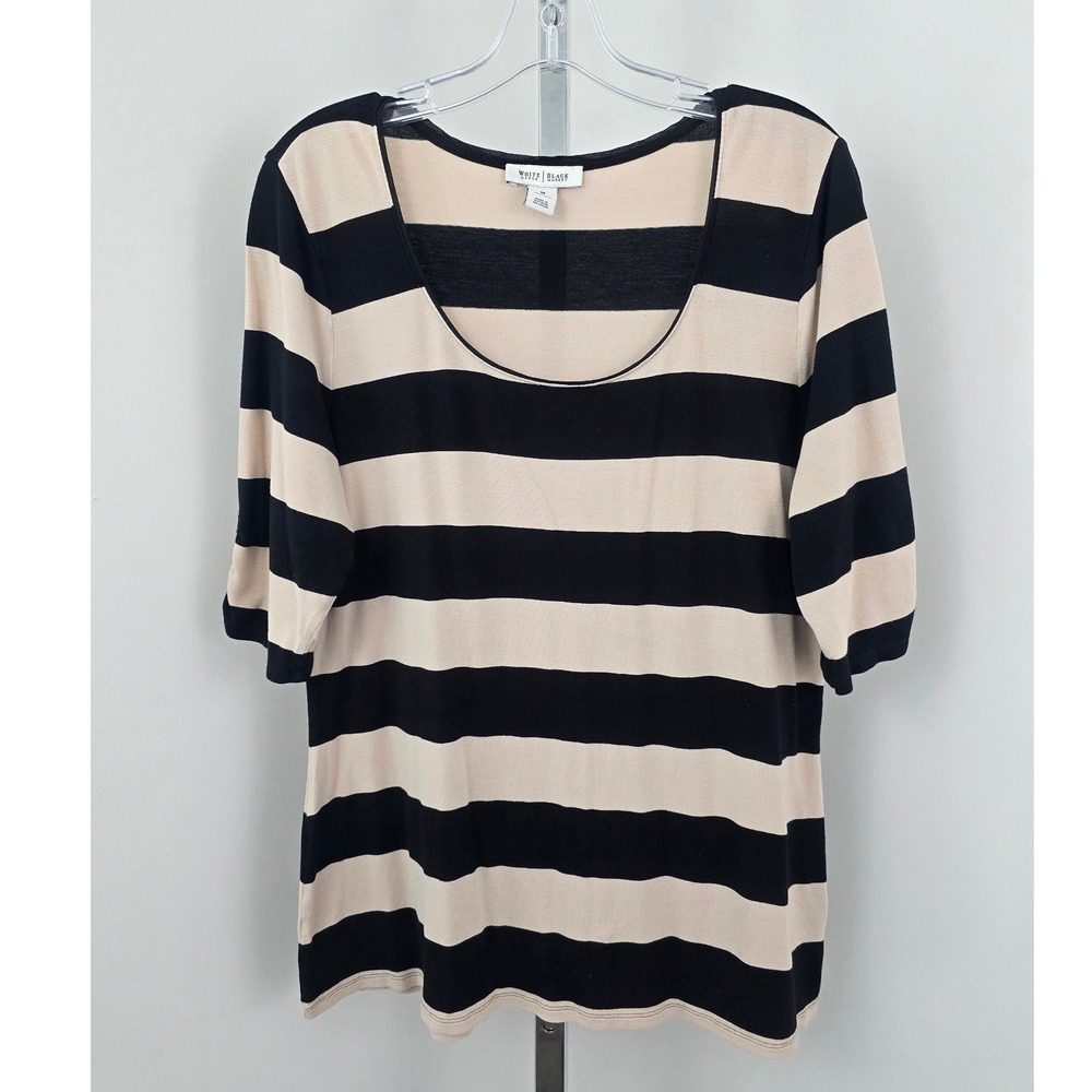 White House Black‎ Market Stripe Scoop Neck Short Sleeve Black Beige M